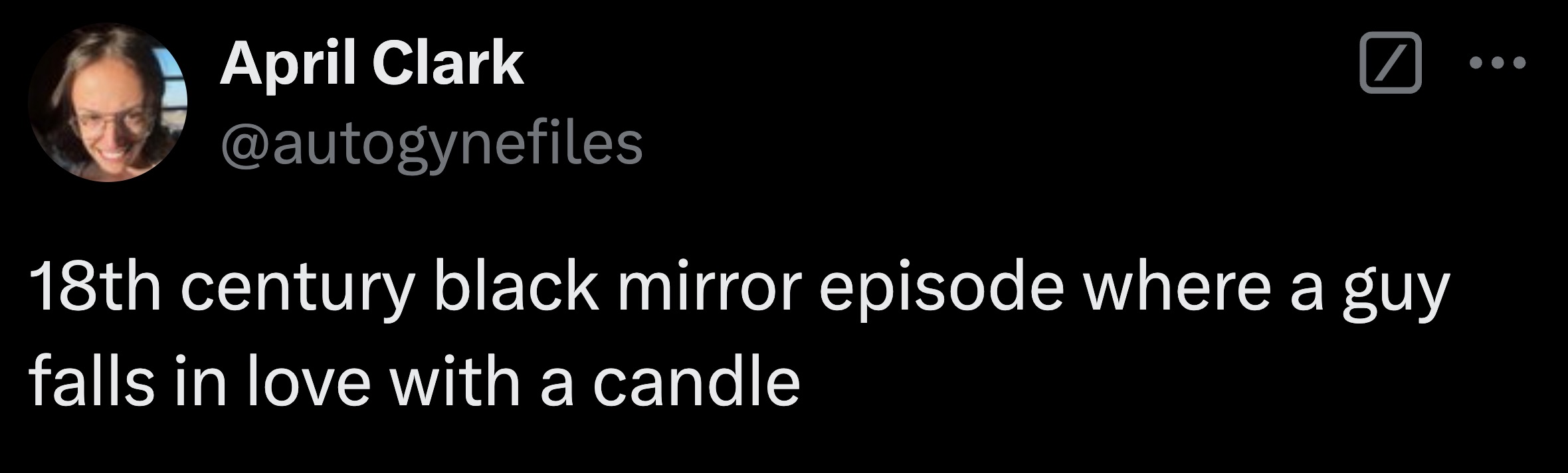 screenshot - April Clark 18th century black mirror episode where a guy falls in love with a candle